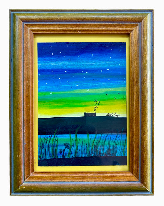 Aurora Borealis Croft House Painting & Vintage Wood Frame